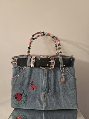 Denim Ladybug Embroidered Handbag with Beaded Handles